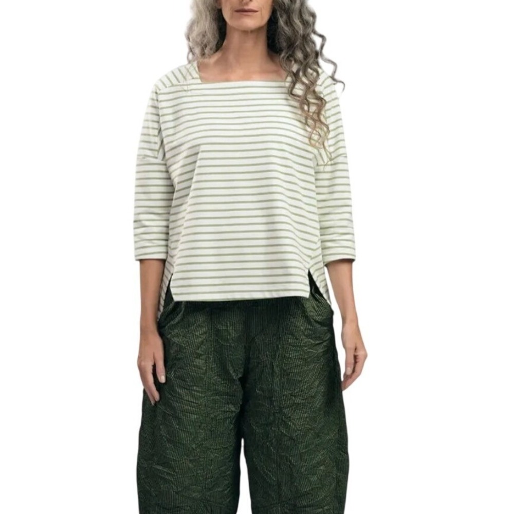 Urban by Alembika Jagger Stripe Top Sage Green White Striped Square Neck Cotton